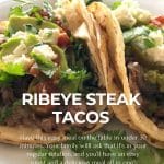 Two ribeye steak tacos with cilantro, cojita cheese, salsa on a white plate.