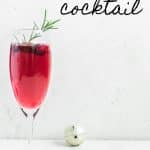 Glass of champagne and cranberry simply set on a white table with white background. There is a rosemary sprig in the glass, and there is a bell, a cork, and two cranberries on the table.