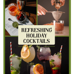 4 different drinks ready for guests in a collage of three photos. The first has a cockail shaker and ingredients, the second has someone squeezing citrus into a strainer, and the third is a grouping of various cocktails in different colors with red and white striped straws.