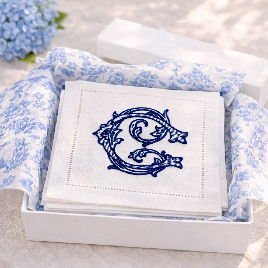 A set of embroidered cocktail napkins in white linen with an embroidered C. They are in a white box with chinoiserie blue and white tissue paper.