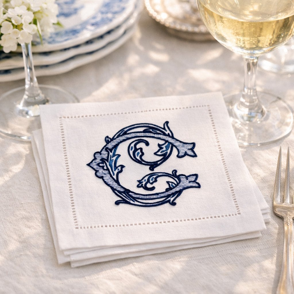 White 6" square cocktail napkins with a monogrammed C embroidered in the middle of the napkin on a table set for a dinner party.