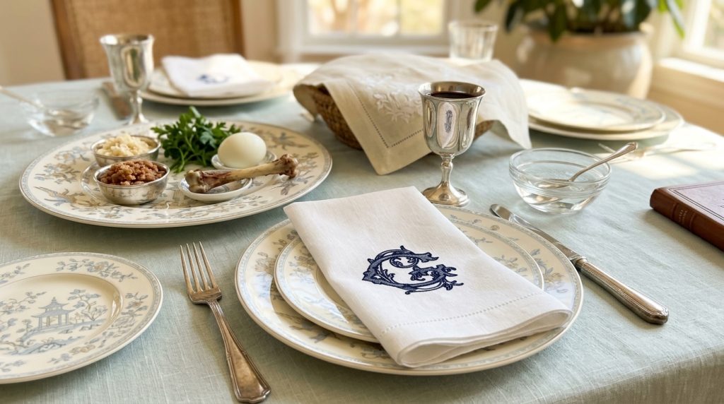 A beautiful dinner table set for Seder with traditional Seder elements, silver wine cups, a platter with food, and white cotton hemstitched napkins with a monogrammed G. Perfect blue and white spring tablescape for the holiday.