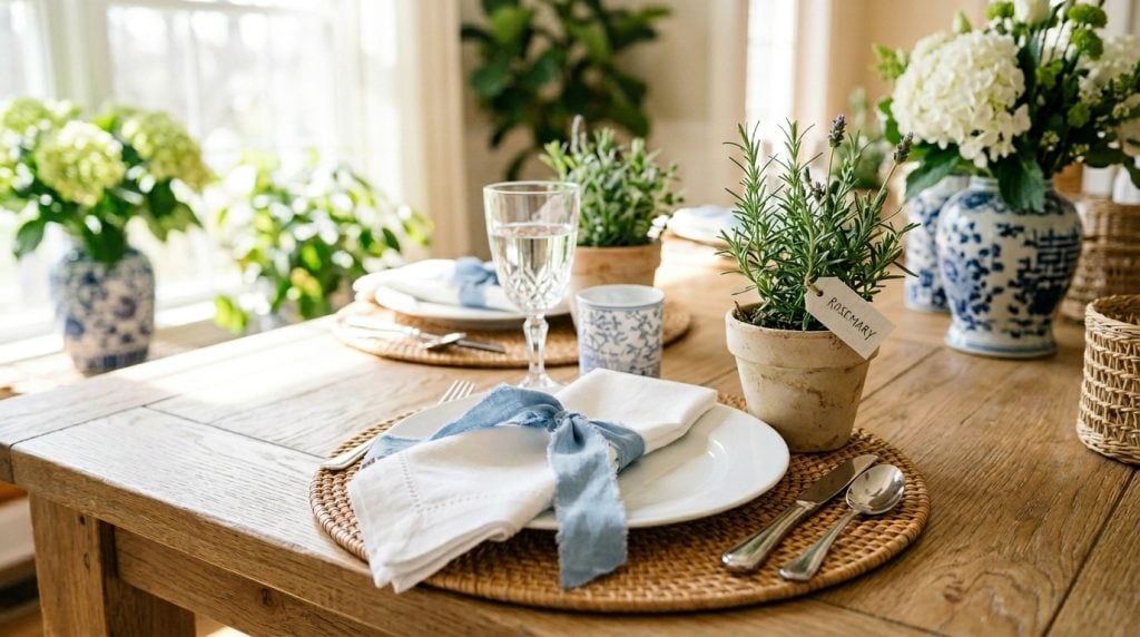 Simple wood table with woven placemats, herbs in light terracotta pots at each place setting, and white linen dinner napkins tied with a torn blue ribbon.