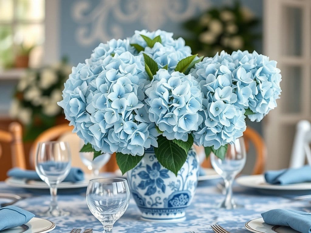 simple blue and white spring tablescape with light blue hydrangeas on a table with a chinoiserie tablecloth in blue and white, glasses, gold utensils, and light blue hydrangeas