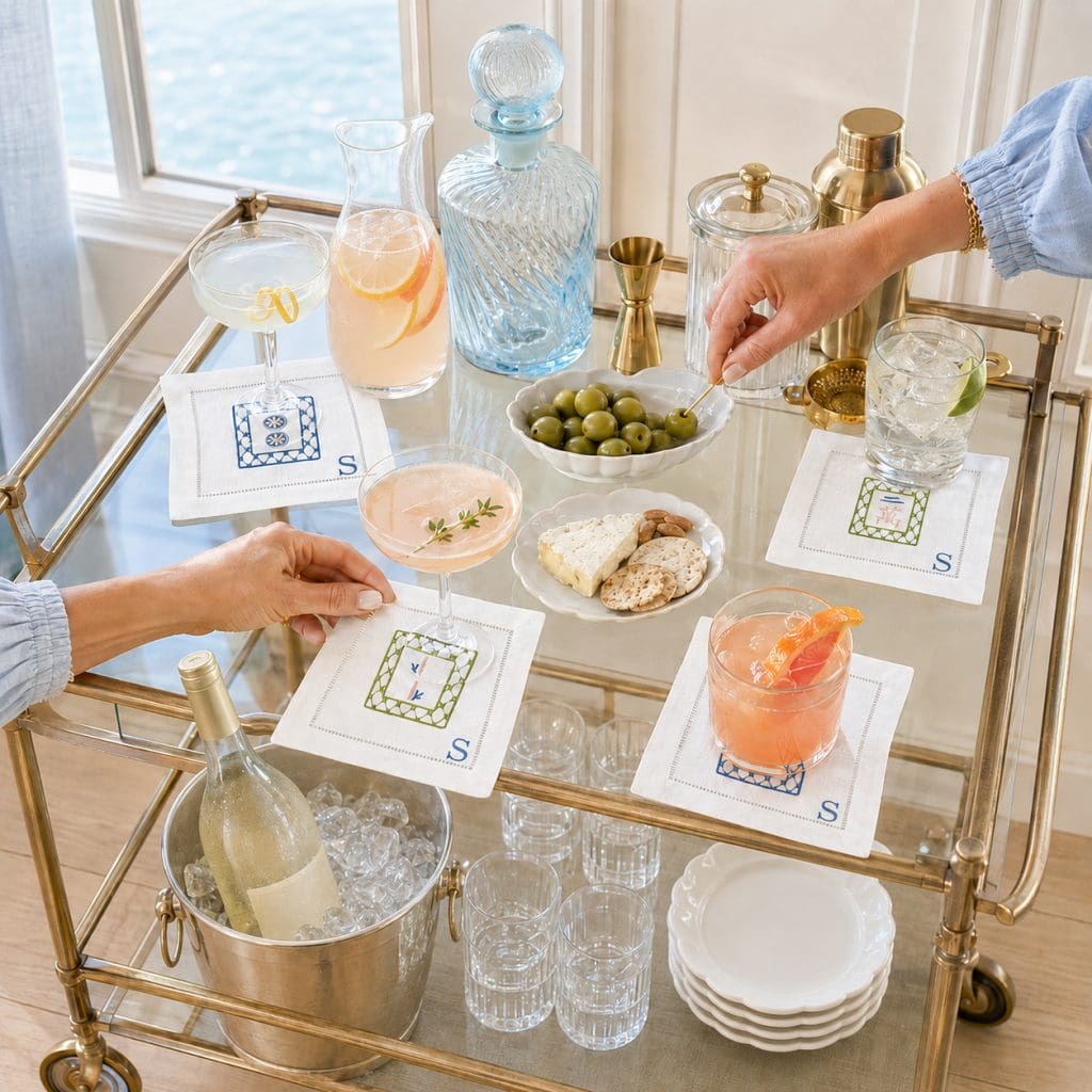 Stylish home cocktail bar with drinks, snacks, and decorative glassware for entertaining guests set up with personalized embroidered mahjong linen cocktail napkins.