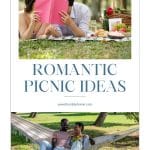 Two different couples enjoying a picnic date. The top couple is hiding the faces reading a book together on a blanket in the woods. The next is an African American couple on a picnic date taking a break while swinging on a hammock.