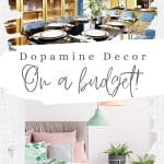 Dopamine decor pictured in two photos. One focuses on blue decor and one on green and pink. Dopamine decor is about choosing the colors that make you feel happy.