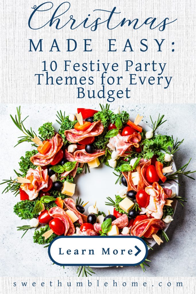 Christmas charcuterie wreath with meats, veggies, and greens on a gray table - Easy Budget Christmas Theme Parties