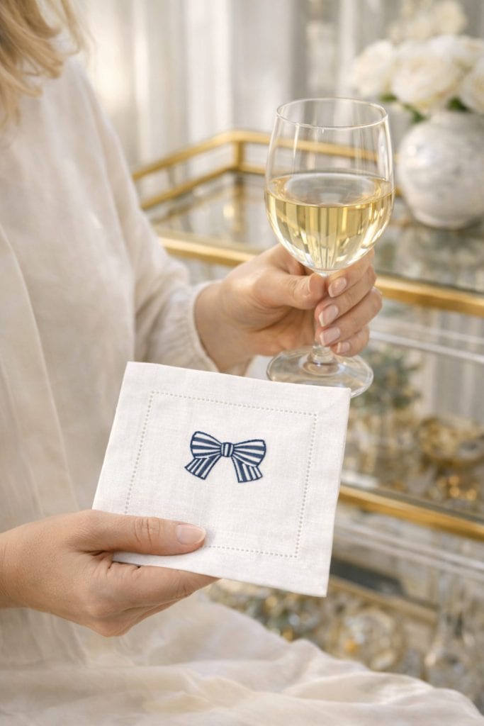 A woman holding a glass of white wine and and embroidered cocktail napkin with an embroidered striped bow in the center. She is standing next to a brass and glass bar cart and wearing a light colored blouse.